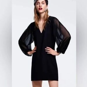 Zara Black V-Neck Sheer Sleeves Dress